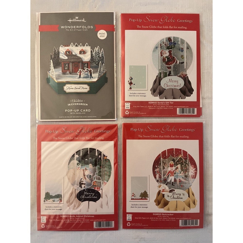 Hallmark Wonderfolds & Up‎ With Paper Snow Globe Christmas Pop-Up Cards Lot of 4